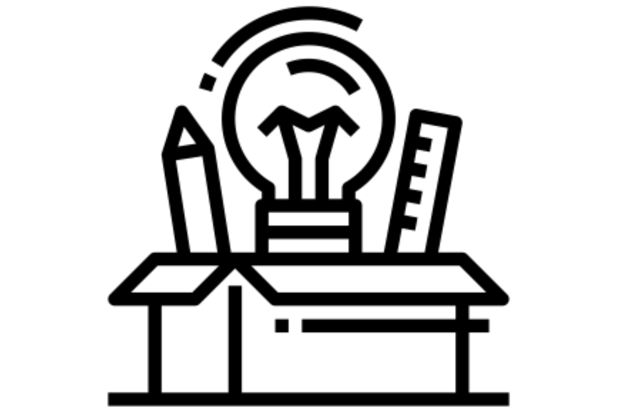 An outlined icon depicting a light bulb with gears inside, symbolising innovation, creativity, and problem-solving. The bulb is positioned above a desk with a chair, representing workplace or professional settings.